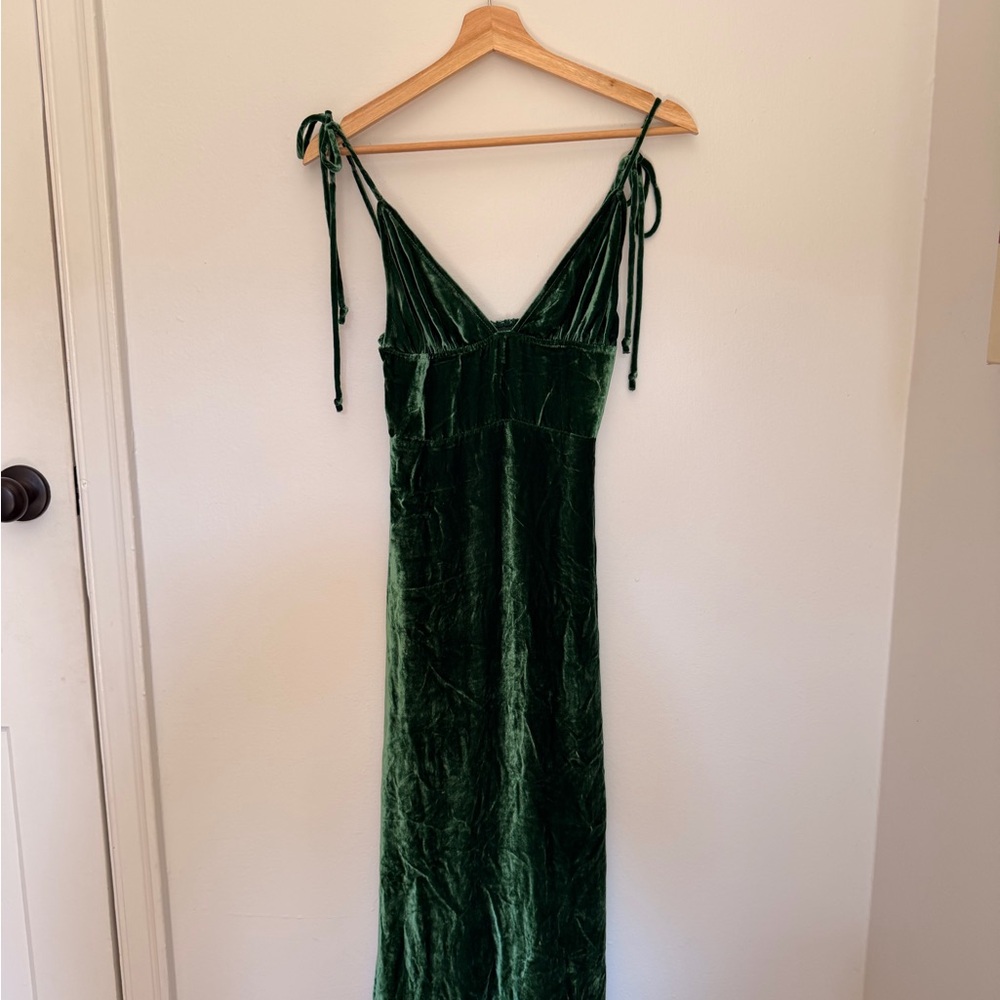 Reformation Emerald Green Velvet Tie-Shoulder Maxi Dress